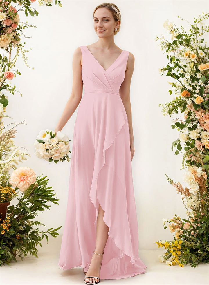 V-Neck Sleeveless A-Line Bridesmaid Dresses With Ruffle Chiffon Regular Straps Asymmetrical