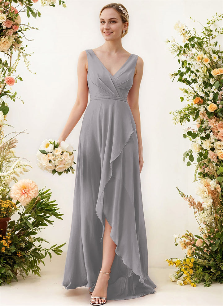 V-Neck Sleeveless A-Line Bridesmaid Dresses With Ruffle Chiffon Regular Straps Asymmetrical