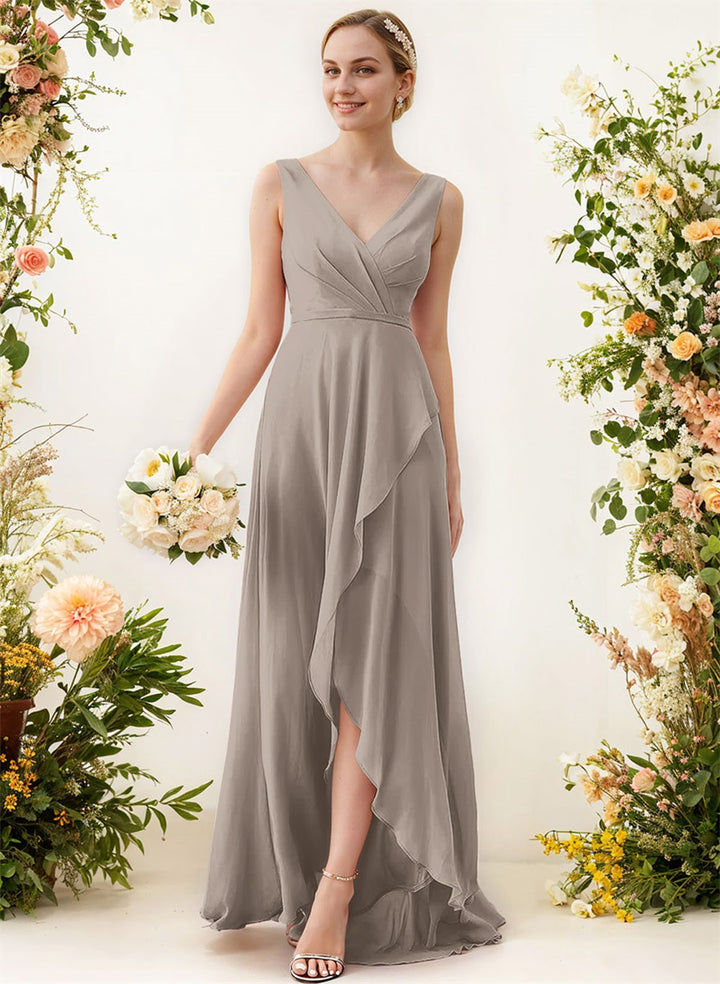 V-Neck Sleeveless A-Line Bridesmaid Dresses With Ruffle Chiffon Regular Straps Asymmetrical