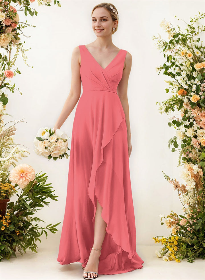 V-Neck Sleeveless A-Line Bridesmaid Dresses With Ruffle Chiffon Regular Straps Asymmetrical