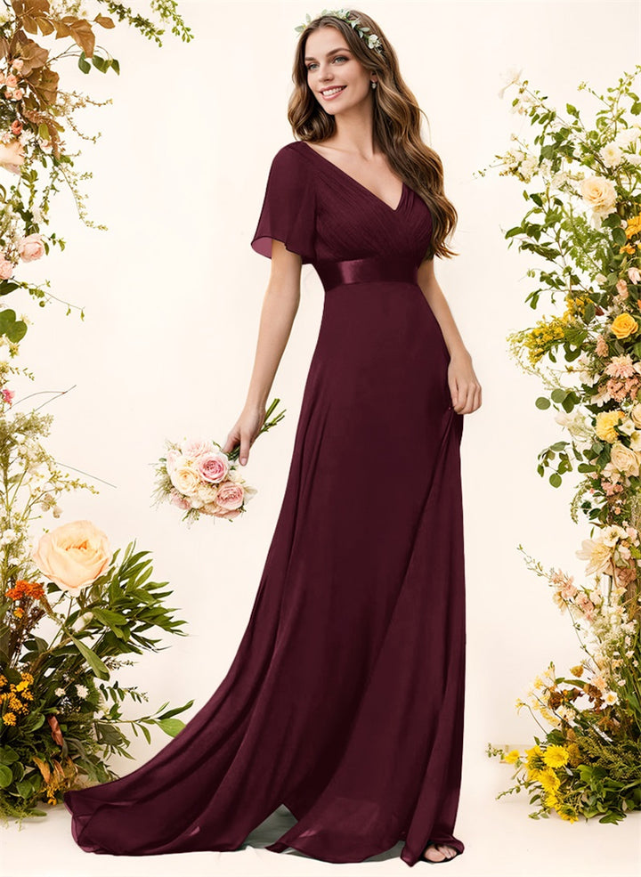 Short Sleeves V-Neck A-Line Chiffon Bridesmaid Dresses With Pleated Sweep Train