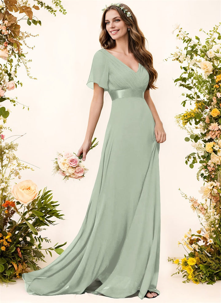 Short Sleeves V-Neck A-Line Chiffon Bridesmaid Dresses With Pleated Sweep Train