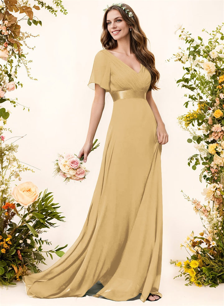 Short Sleeves V-Neck A-Line Chiffon Bridesmaid Dresses With Pleated Sweep Train