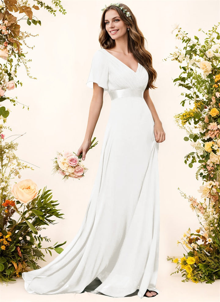 Short Sleeves V-Neck A-Line Chiffon Bridesmaid Dresses With Pleated Sweep Train