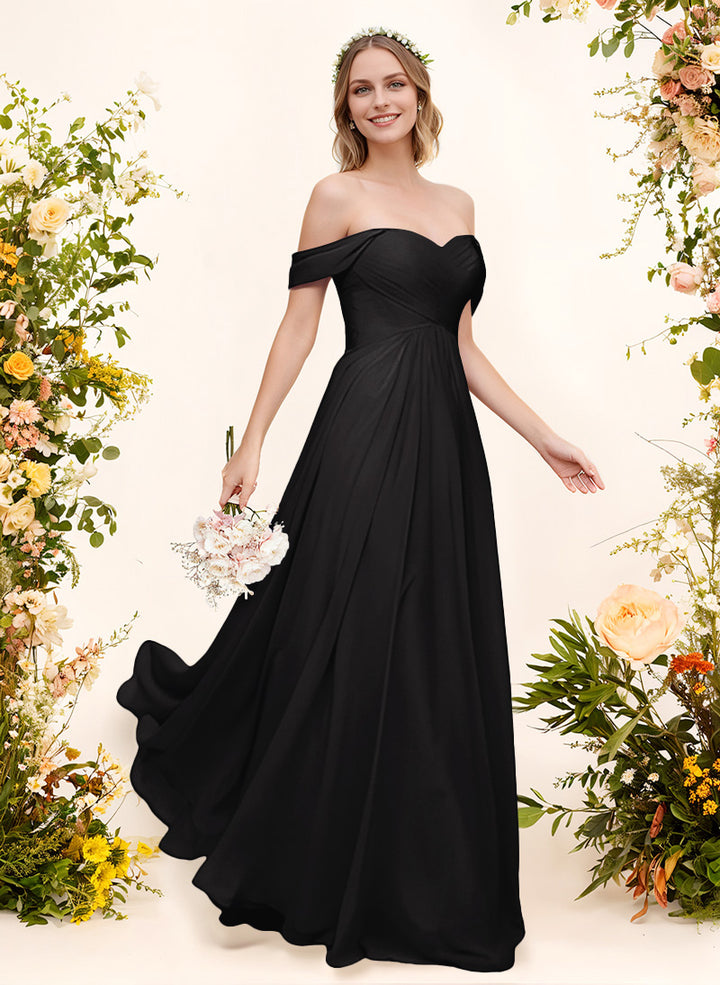 Off-The-Shoulder Short Sleeves Chiffon Floor-Length Bridesmaid Dress With Pleated