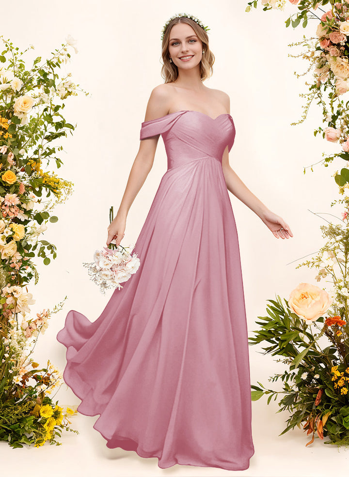 Off-The-Shoulder Short Sleeves Chiffon Floor-Length Bridesmaid Dress With Pleated