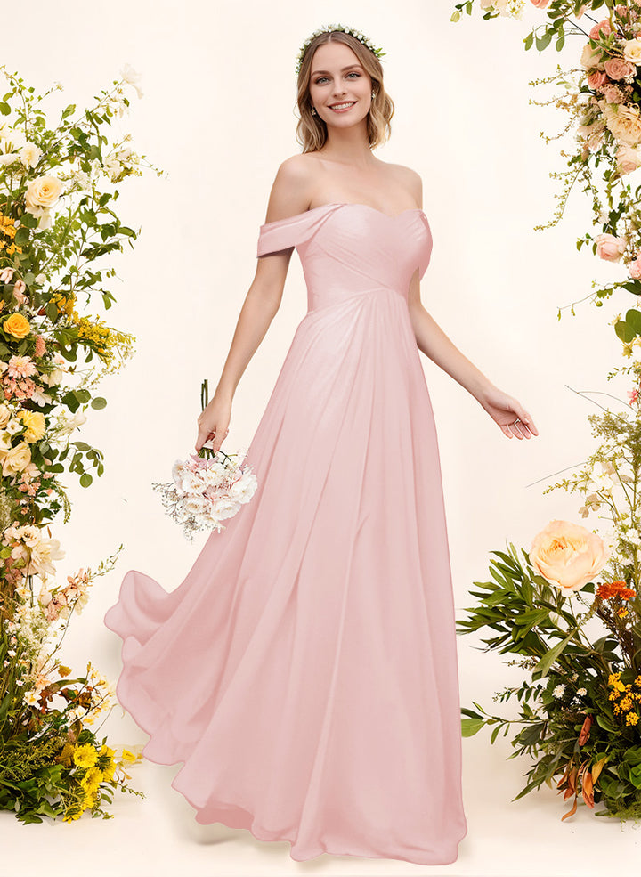 Off-The-Shoulder Short Sleeves Chiffon Floor-Length Bridesmaid Dress With Pleated