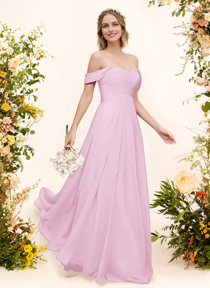 Off-The-Shoulder Short Sleeves Chiffon Floor-Length Bridesmaid Dress With Pleated