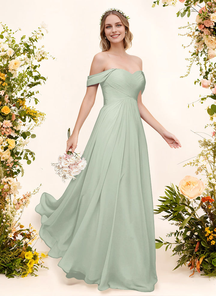 Off-The-Shoulder Short Sleeves Chiffon Floor-Length Bridesmaid Dress With Pleated