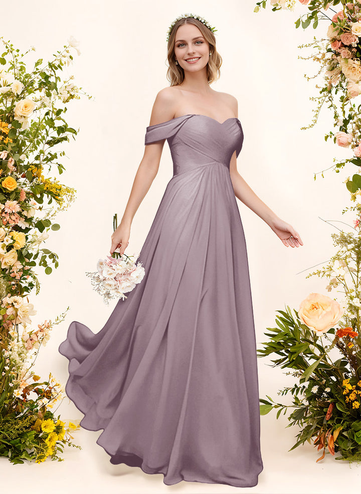 Off-The-Shoulder Short Sleeves Chiffon Floor-Length Bridesmaid Dress With Pleated