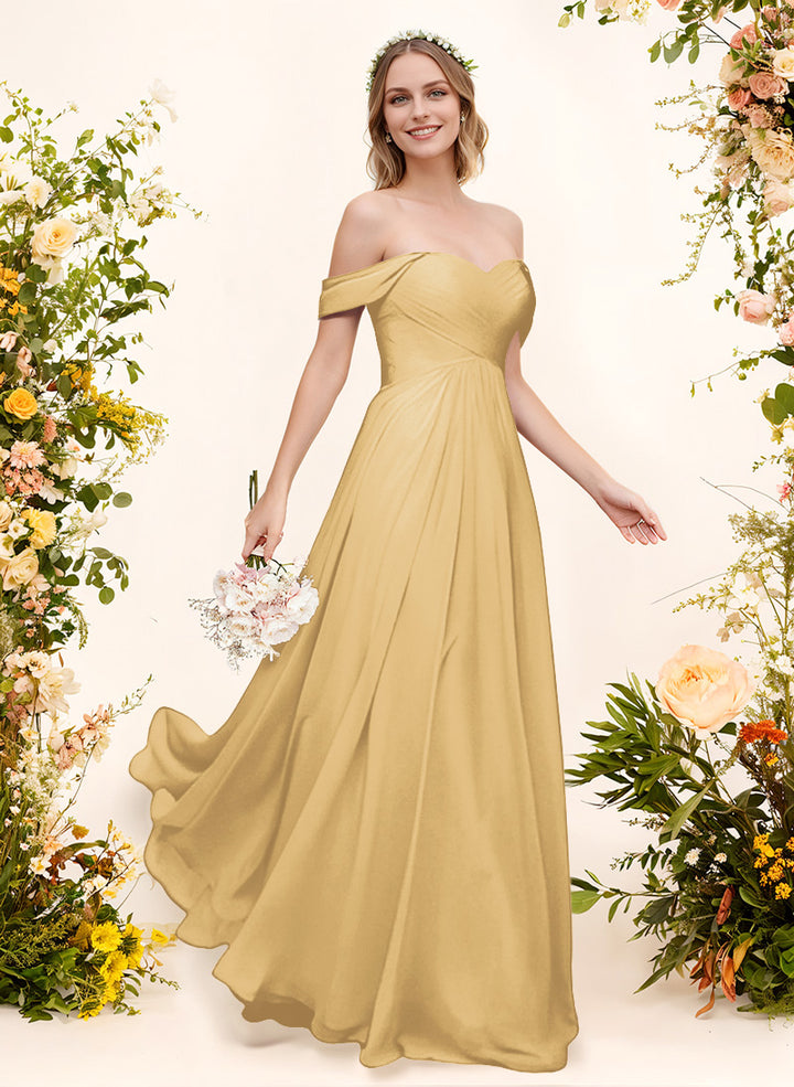 Off-The-Shoulder Short Sleeves Chiffon Floor-Length Bridesmaid Dress With Pleated