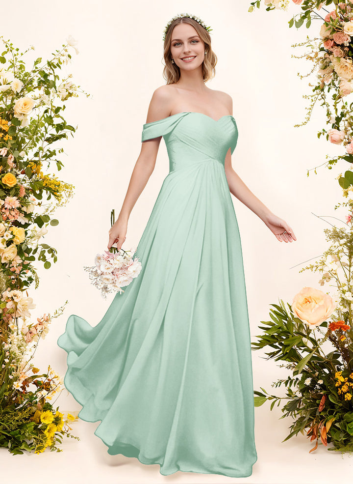 Off-The-Shoulder Short Sleeves Chiffon Floor-Length Bridesmaid Dress With Pleated