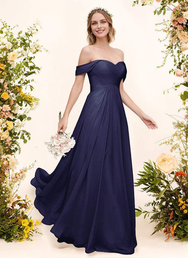 Off-The-Shoulder Short Sleeves Chiffon Floor-Length Bridesmaid Dress With Pleated