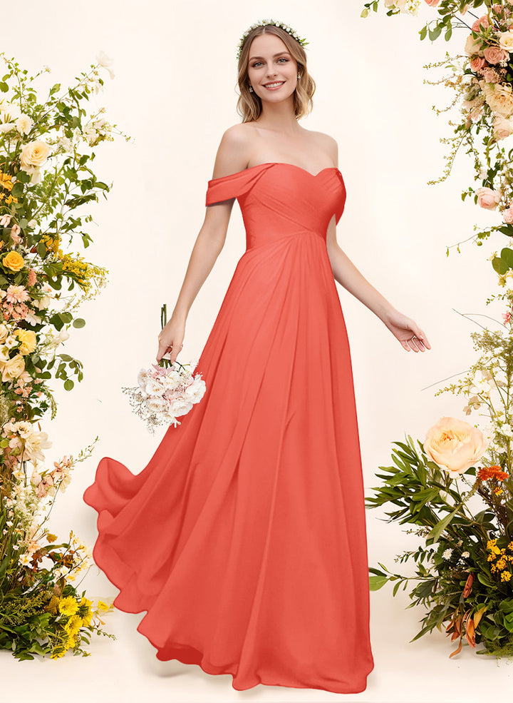 Off-The-Shoulder Short Sleeves Chiffon Floor-Length Bridesmaid Dress With Pleated