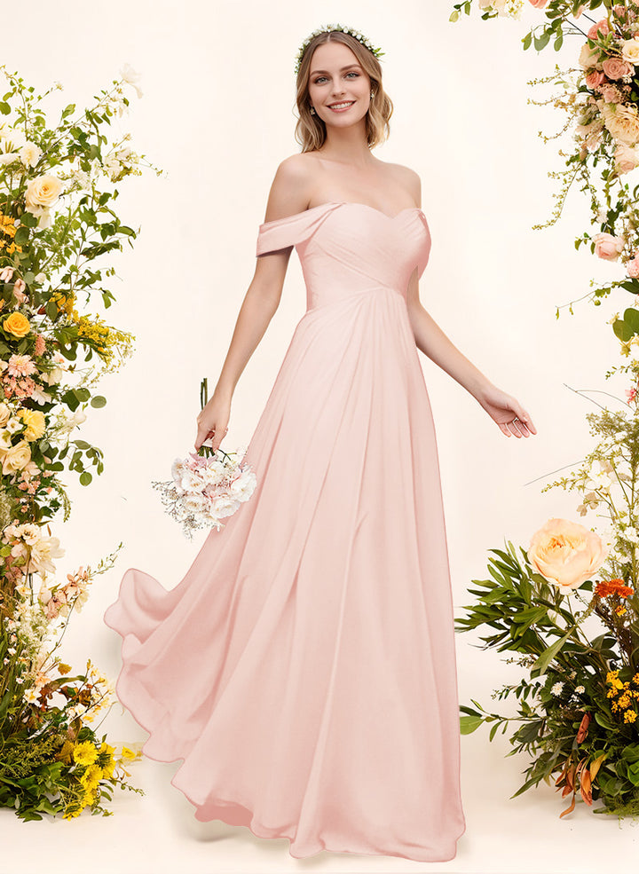 Off-The-Shoulder Short Sleeves Chiffon Floor-Length Bridesmaid Dress With Pleated