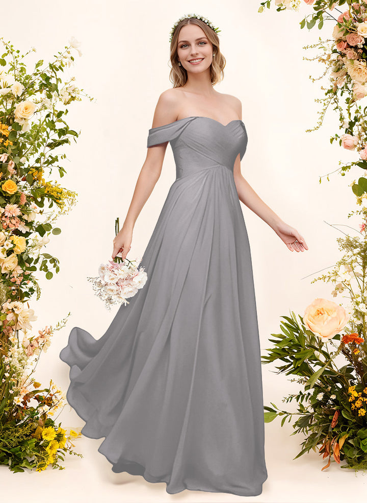 Off-The-Shoulder Short Sleeves Chiffon Floor-Length Bridesmaid Dress With Pleated