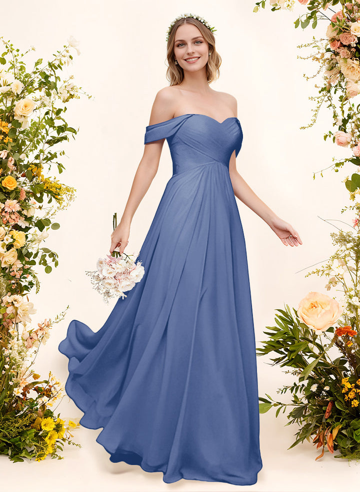 Off-The-Shoulder Short Sleeves Chiffon Floor-Length Bridesmaid Dress With Pleated