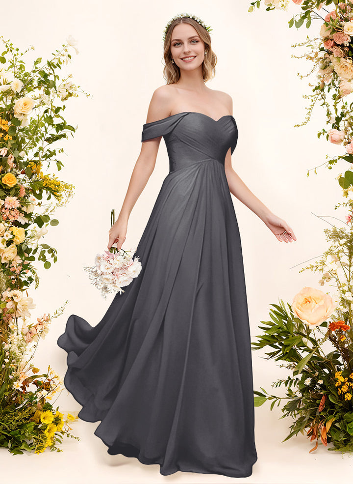 Off-The-Shoulder Short Sleeves Chiffon Floor-Length Bridesmaid Dress With Pleated