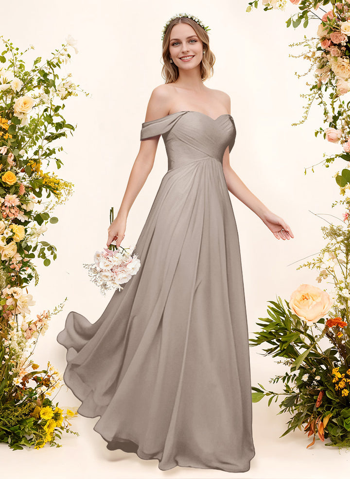 Off-The-Shoulder Short Sleeves Chiffon Floor-Length Bridesmaid Dress With Pleated