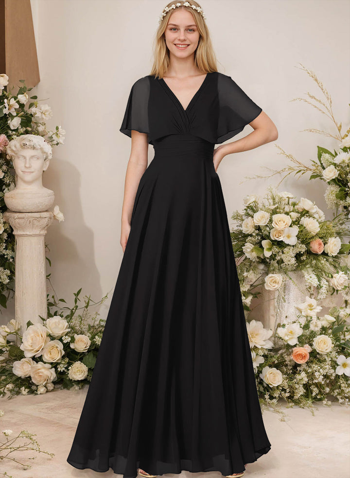 Chiffon Bridesmaid Dresses - V-Neck Short Sleeves