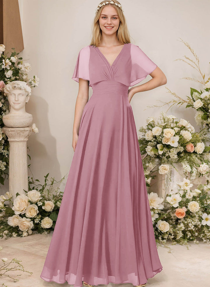 Chiffon Bridesmaid Dresses - V-Neck Short Sleeves