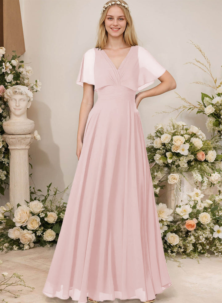 Chiffon Bridesmaid Dresses - V-Neck Short Sleeves