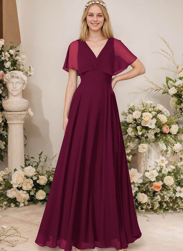 Chiffon Bridesmaid Dresses - V-Neck Short Sleeves