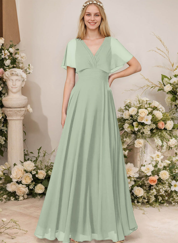 Chiffon Bridesmaid Dresses - V-Neck Short Sleeves