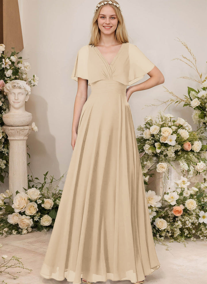 Chiffon Bridesmaid Dresses - V-Neck Short Sleeves