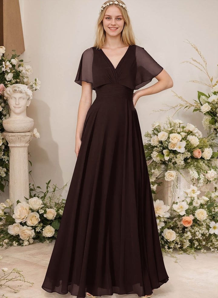 Chiffon Bridesmaid Dresses - V-Neck Short Sleeves