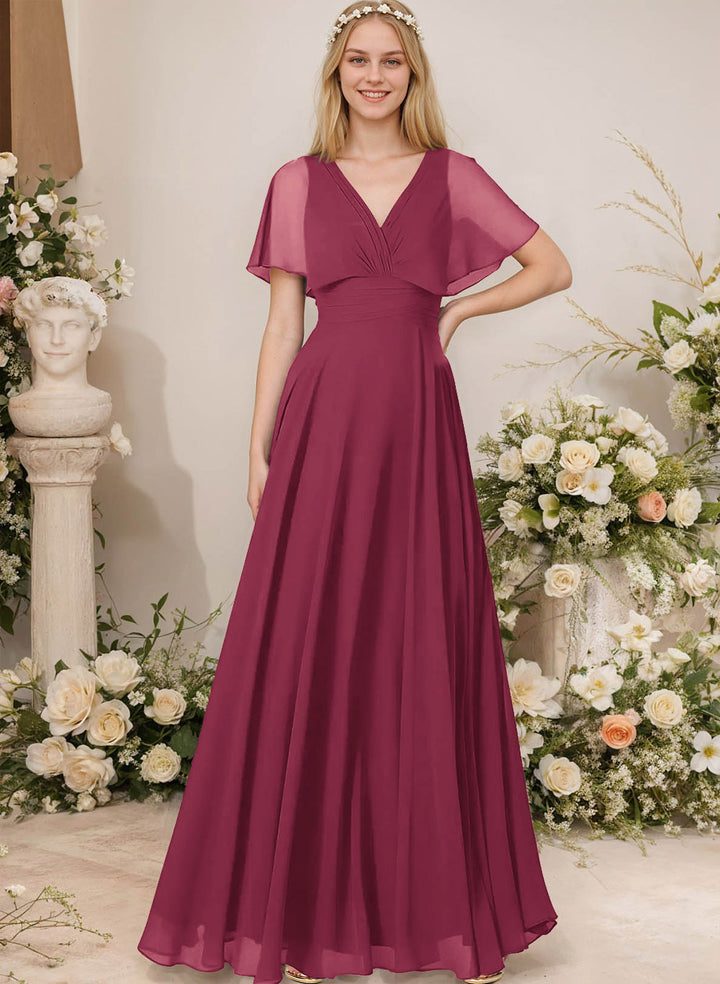 Chiffon Bridesmaid Dresses - V-Neck Short Sleeves