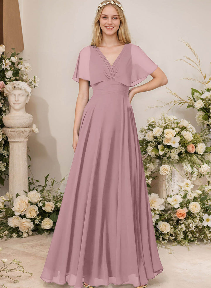 Chiffon Bridesmaid Dresses - V-Neck Short Sleeves