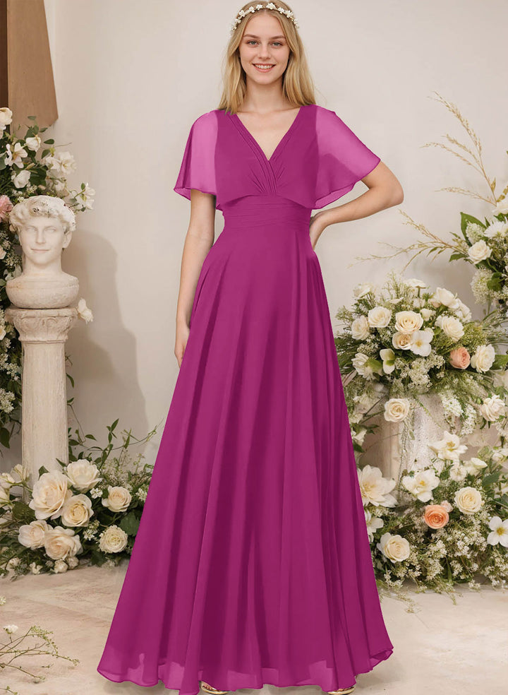 Chiffon Bridesmaid Dresses - V-Neck Short Sleeves