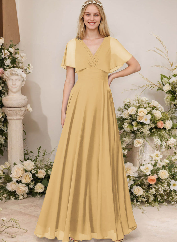 Chiffon Bridesmaid Dresses - V-Neck Short Sleeves