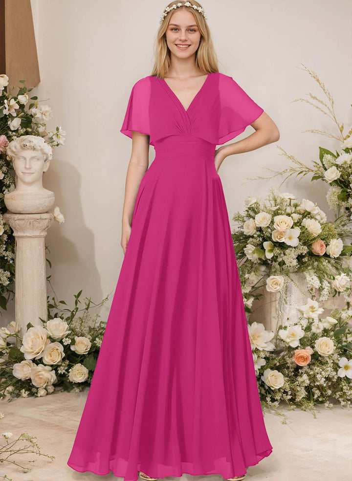 Chiffon Bridesmaid Dresses - V-Neck Short Sleeves