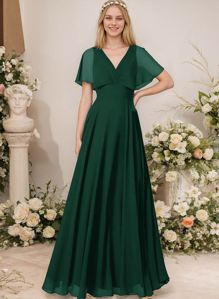 Chiffon Bridesmaid Dresses - V-Neck Short Sleeves