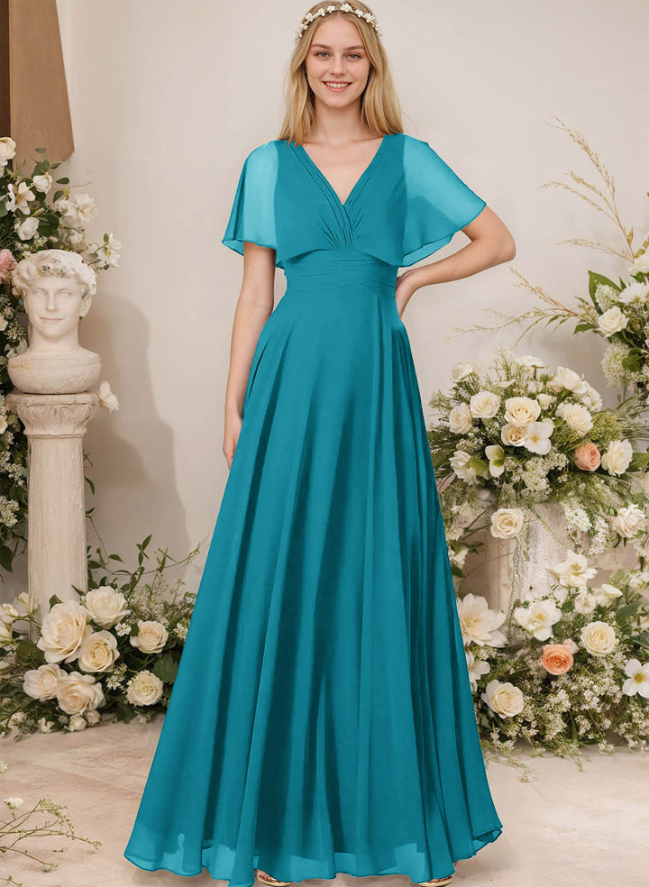 Chiffon Bridesmaid Dresses - V-Neck Short Sleeves