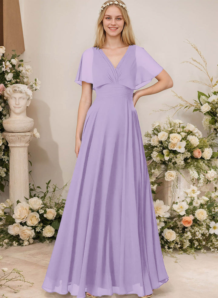 Chiffon Bridesmaid Dresses - V-Neck Short Sleeves