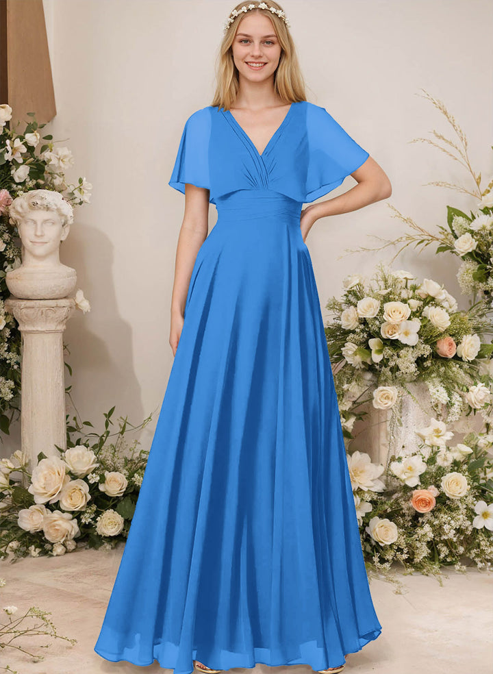 Chiffon Bridesmaid Dresses - V-Neck Short Sleeves