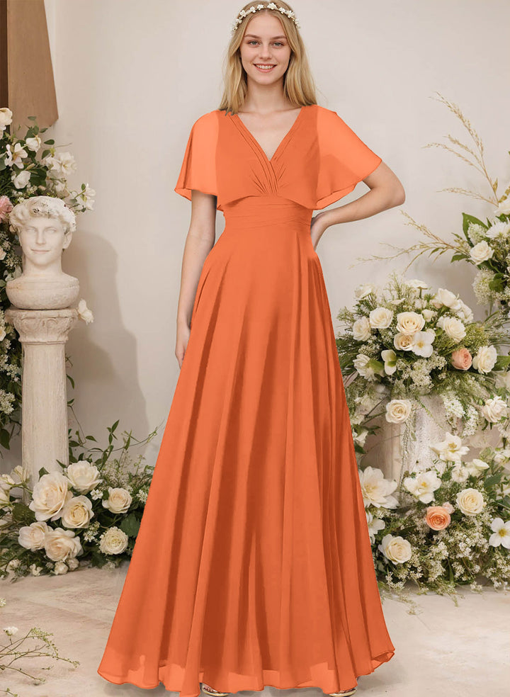 Chiffon Bridesmaid Dresses - V-Neck Short Sleeves