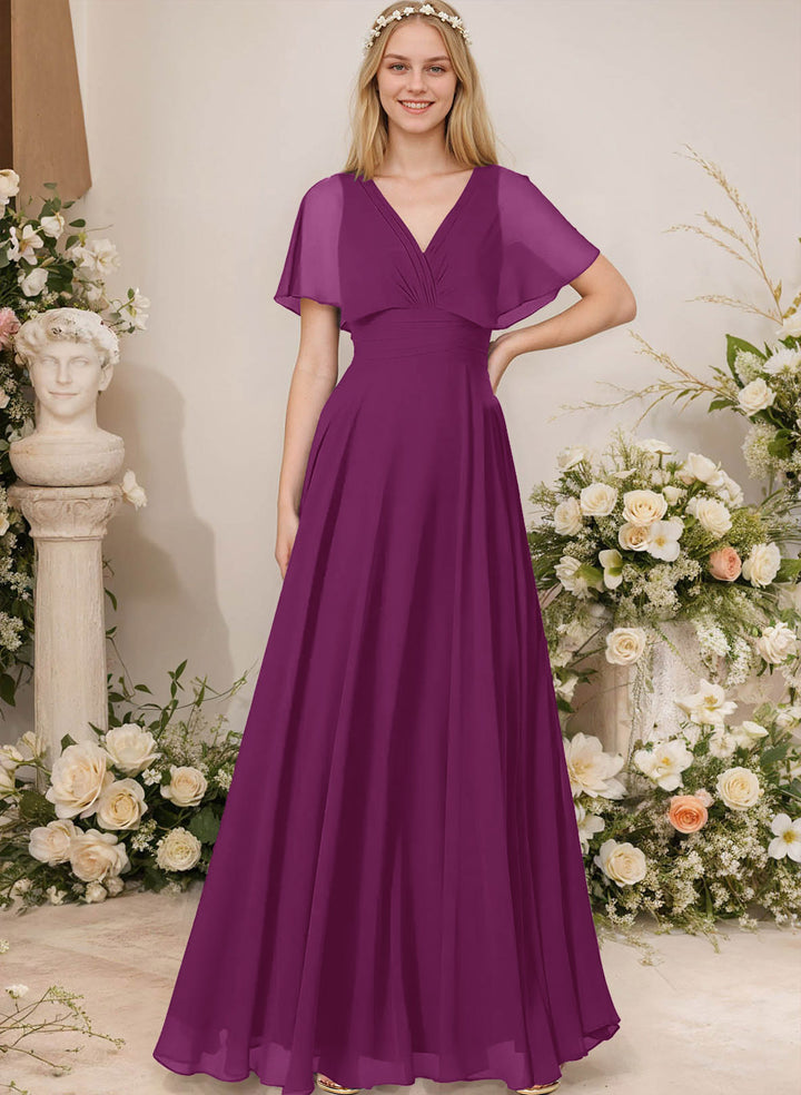 Chiffon Bridesmaid Dresses - V-Neck Short Sleeves