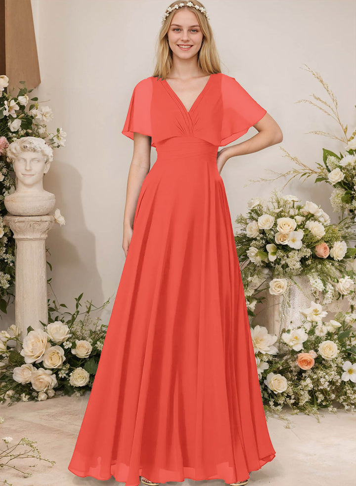 Chiffon Bridesmaid Dresses - V-Neck Short Sleeves