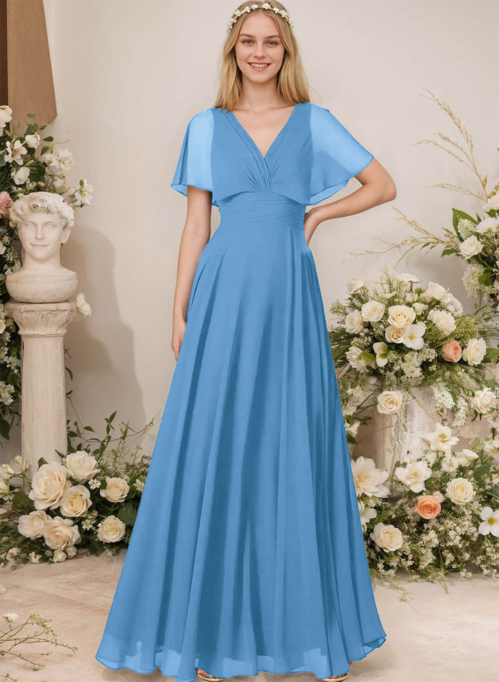 Chiffon Bridesmaid Dresses - V-Neck Short Sleeves