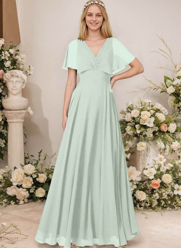 Chiffon Bridesmaid Dresses - V-Neck Short Sleeves