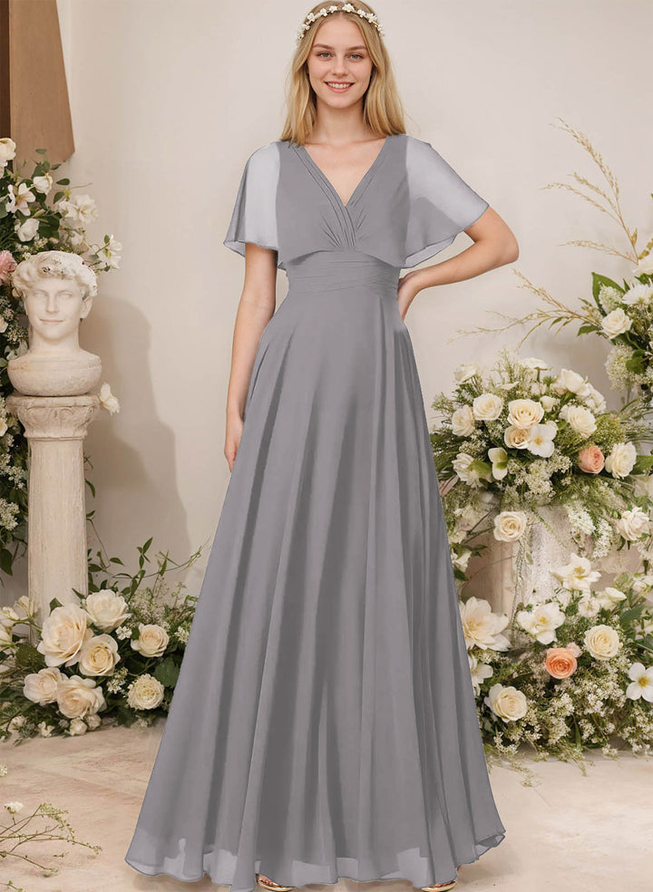 Chiffon Bridesmaid Dresses - V-Neck Short Sleeves