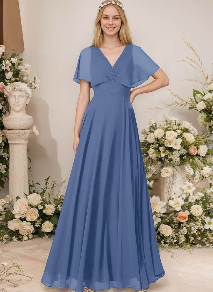 Chiffon Bridesmaid Dresses - V-Neck Short Sleeves