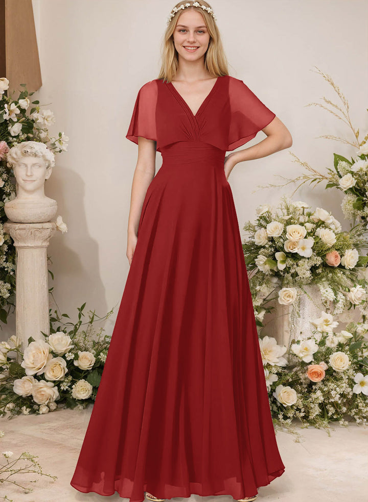 Chiffon Bridesmaid Dresses - V-Neck Short Sleeves