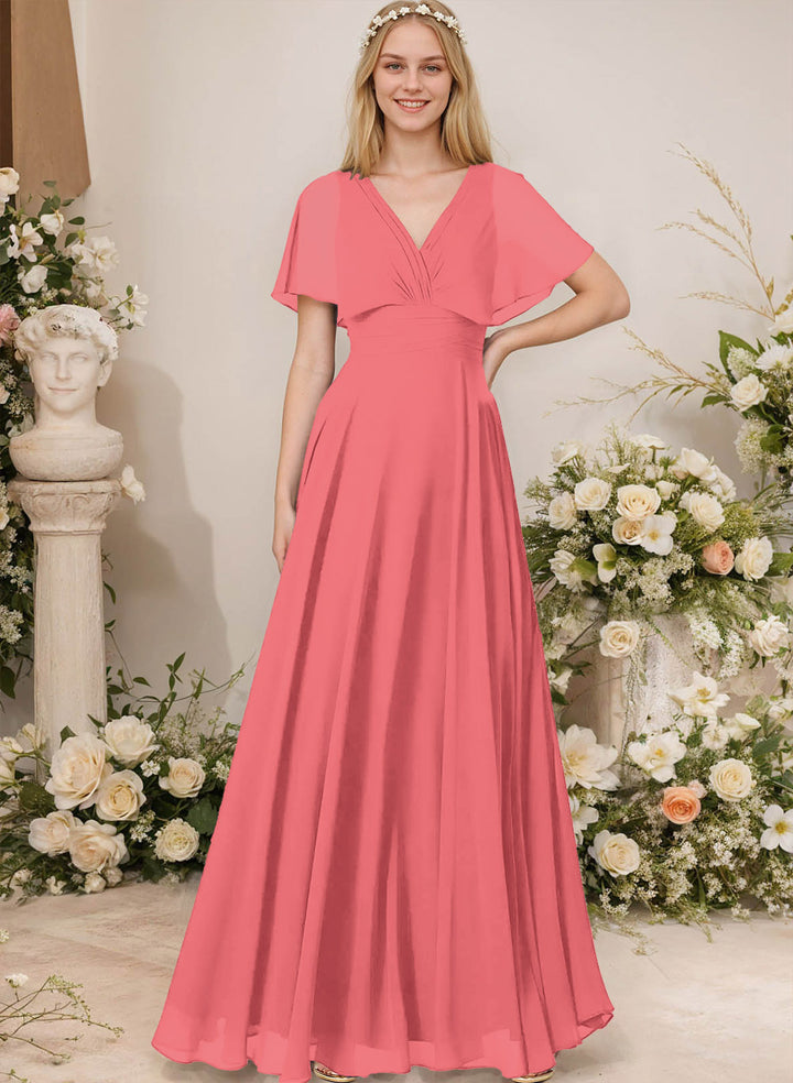 Chiffon Bridesmaid Dresses - V-Neck Short Sleeves