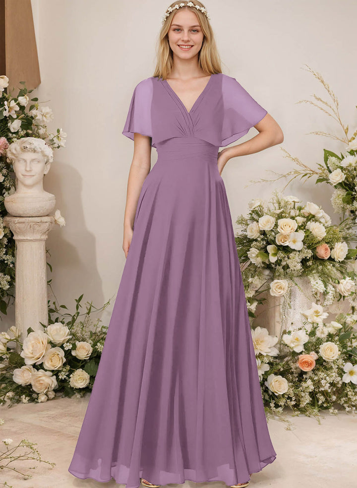 Chiffon Bridesmaid Dresses - V-Neck Short Sleeves