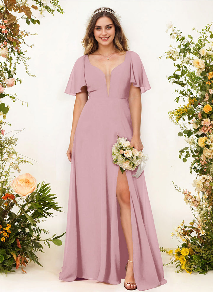 Chiffon Bridesmaid Dress with Short Sleeves V-Neck